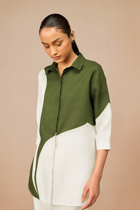 Ampm Green Linen Collared Color Block Shirt at Aza Fashions Ampm_Green Linen Collared Color Block Shirt _at_Aza_Fashions