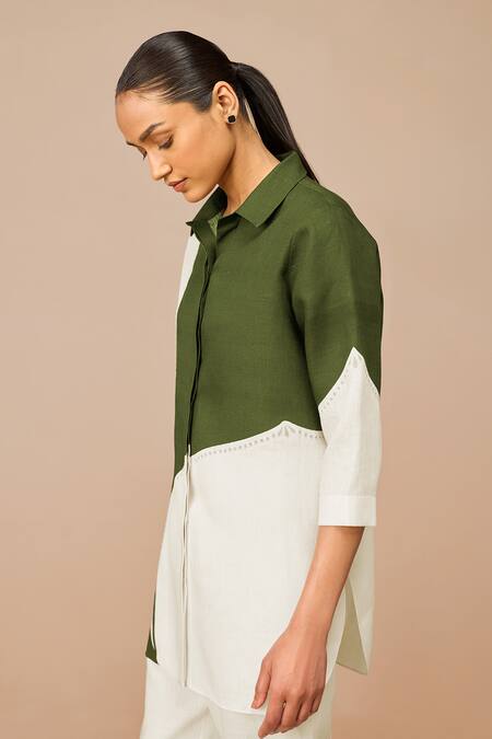Buy Ampm Green Linen Collared Color Block Shirt Buy_Ampm_Green Linen Collared Color Block Shirt