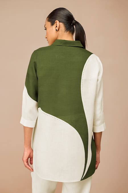 Shop Ampm Green Linen Collared Color Block Shirt at Aza Fashions Shop_Ampm_Green Linen Collared Color Block Shirt _at_Aza_Fashions