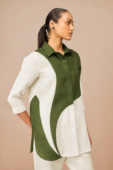 Shop Ampm Green Linen Collared Color Block Shirt Shop_Ampm_Green Linen Collared Color Block Shirt