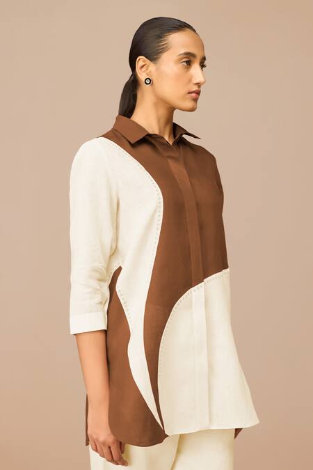 Ampm_Brown Linen Collared Color Block Shirt_Online_at_Aza_Fashions