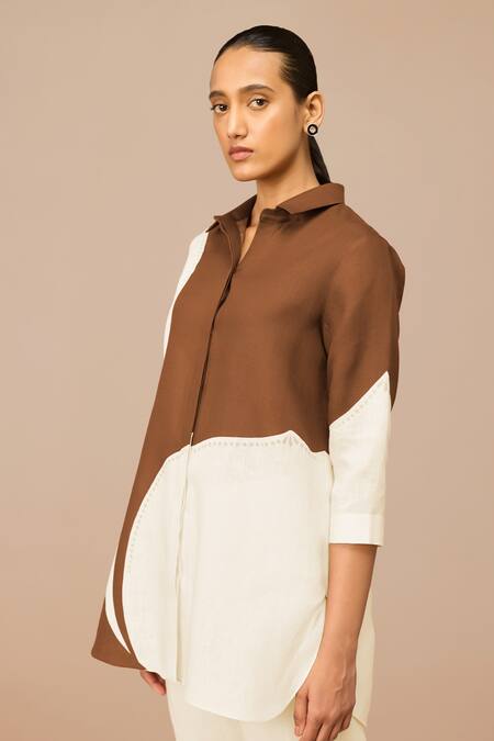 Buy_Ampm_Brown Linen Collared Color Block Shirt_Online_at_Aza_Fashions