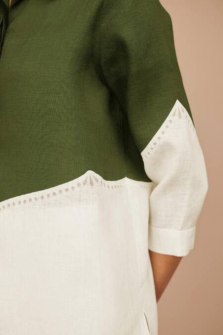 Ampm_Green Linen Collared Colour Block Shirt Set _Online_at_Aza_Fashions