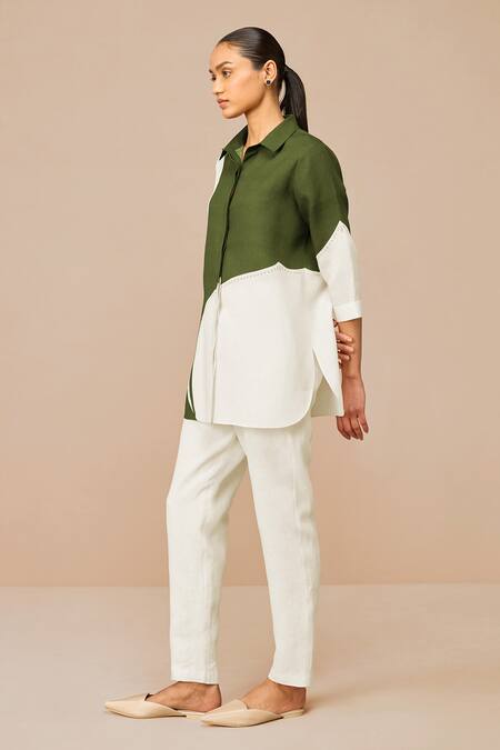 Shop_Ampm_Green Linen Collared Colour Block Shirt Set _Online_at_Aza_Fashions