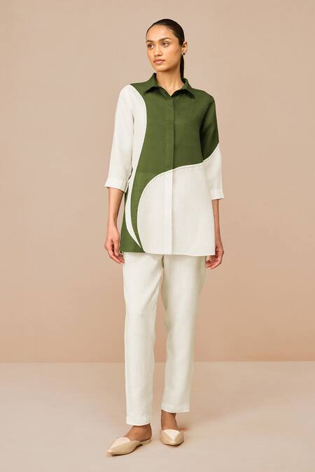 Buy_Ampm_Green Linen Collared Colour Block Shirt Set 