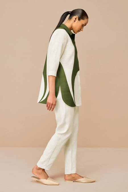 Shop_Ampm_Green Linen Collared Colour Block Shirt Set 