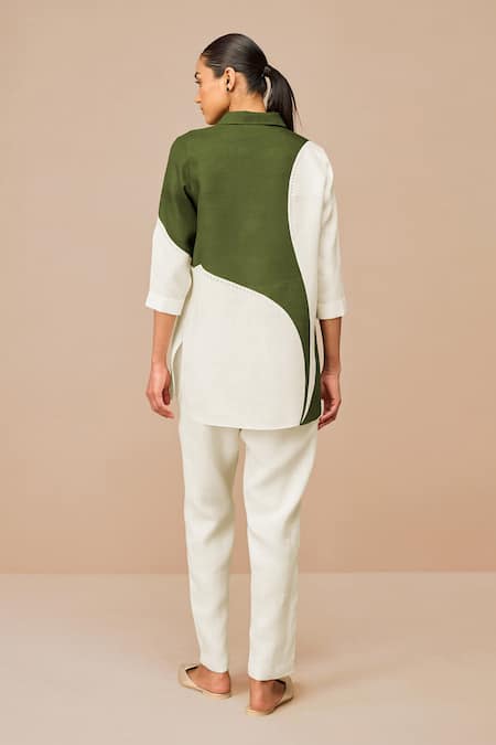 Shop_Ampm_Green Linen Collared Colour Block Shirt Set _at_Aza_Fashions