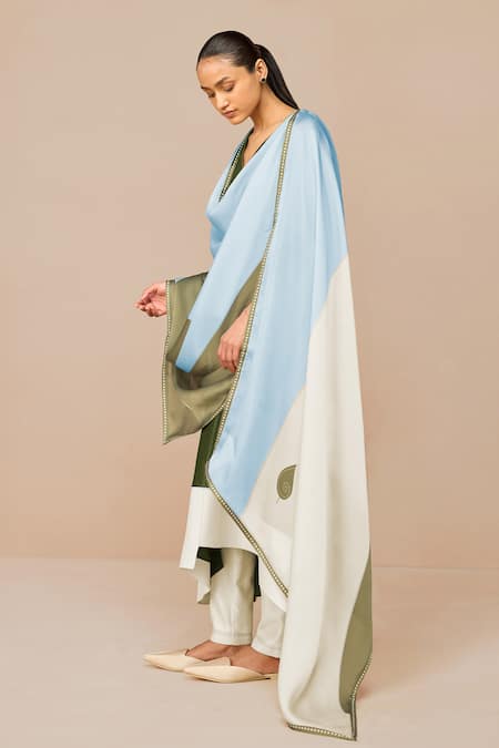 Shop_Ampm_Olive Green Chanderi Embroidery V-neck Color Blocked Kurta Set _Online_at_Aza_Fashions
