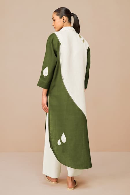 Shop_Ampm_Green Linen Applique, Embroidery Open Neck, Round Colour Block Nova Jacket Set _at_Aza_Fashions