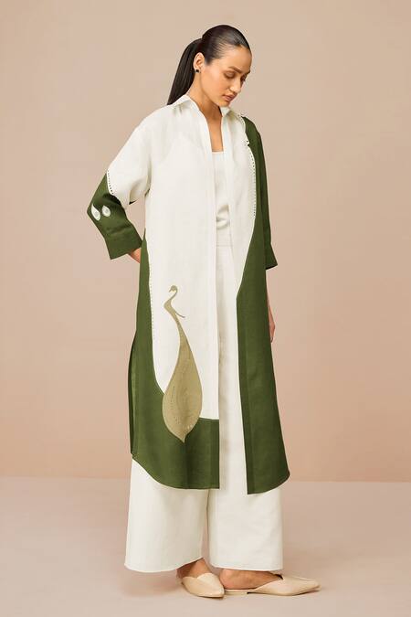 Buy_Ampm_Green Linen Applique, Embroidery Open Neck, Round Colour Block Nova Jacket Set _Online_at_Aza_Fashions