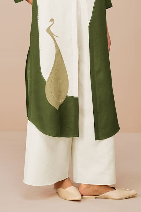 Shop_Ampm_Green Linen Applique, Embroidery Open Neck, Round Colour Block Nova Jacket Set _Online_at_Aza_Fashions