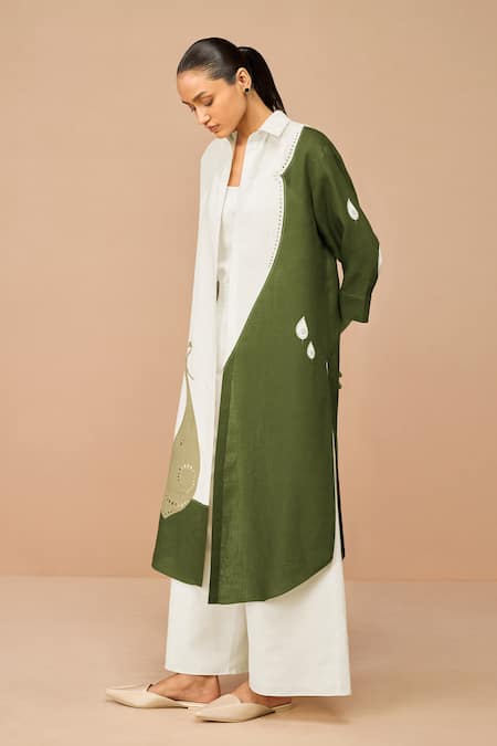 Ampm_Green Linen Applique, Embroidery Open Neck, Round Colour Block Nova Jacket Set _at_Aza_Fashions
