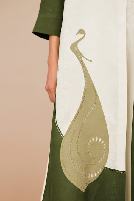 Buy_Ampm_Green Linen Applique, Embroidery Open Neck, Round Colour Block Nova Jacket Set 