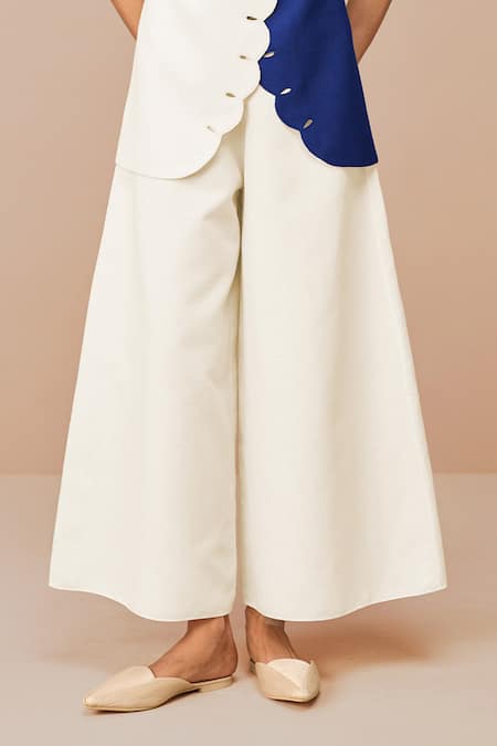 Ampm_Blue Cotton, Linen Embroidery Round Neck Indigo Scalloped Jacket And Palazzo Set _Online_at_Aza_Fashions