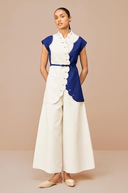 Shop_Ampm_Blue Cotton, Linen Embroidery Round Neck Indigo Scalloped Jacket And Palazzo Set _at_Aza_Fashions