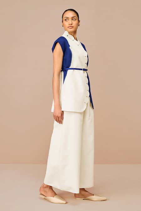 Buy_Ampm_Blue Cotton, Linen Embroidery Round Neck Indigo Scalloped Jacket And Palazzo Set _Online_at_Aza_Fashions