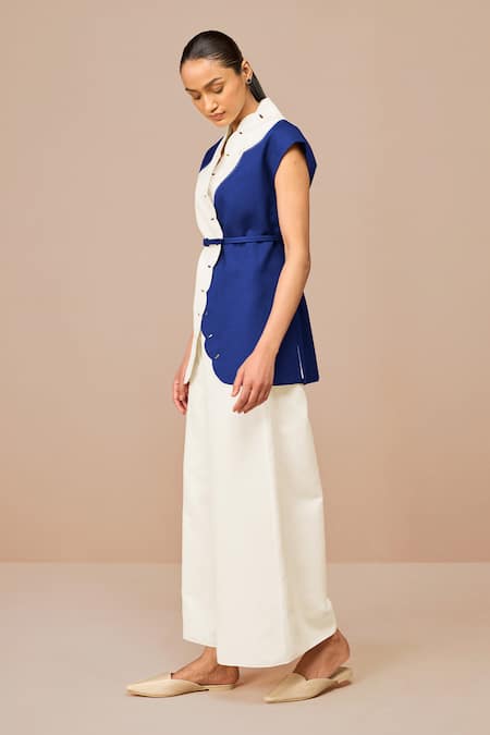 Shop_Ampm_Blue Cotton, Linen Embroidery Round Neck Indigo Scalloped Jacket And Palazzo Set _Online_at_Aza_Fashions