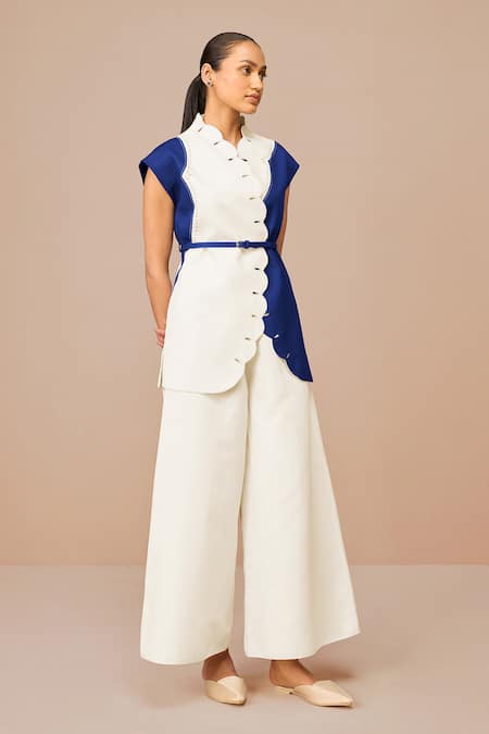 Ampm_Blue Cotton, Linen Embroidery Round Neck Indigo Scalloped Jacket And Palazzo Set _at_Aza_Fashions