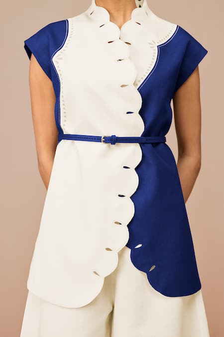Buy_Ampm_Blue Cotton, Linen Embroidery Round Neck Indigo Scalloped Jacket And Palazzo Set 