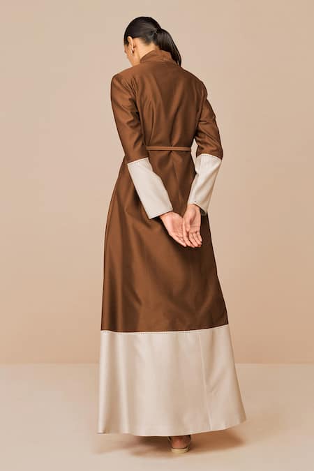 Shop_Ampm_Brown Chanderi Cut Work Shawl Neck, Collared Mirdea Jacket Set _at_Aza_Fashions
