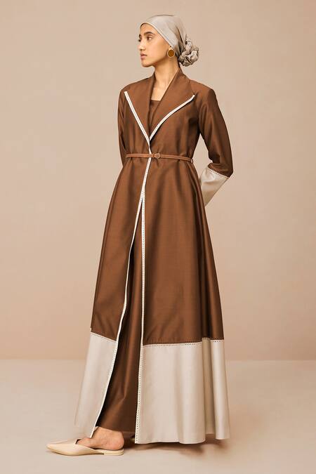 Ampm_Brown Chanderi Cut Work Shawl Neck, Collared Mirdea Jacket Set _Online_at_Aza_Fashions