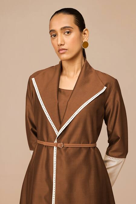 Buy_Ampm_Brown Chanderi Cut Work Shawl Neck, Collared Mirdea Jacket Set _Online_at_Aza_Fashions