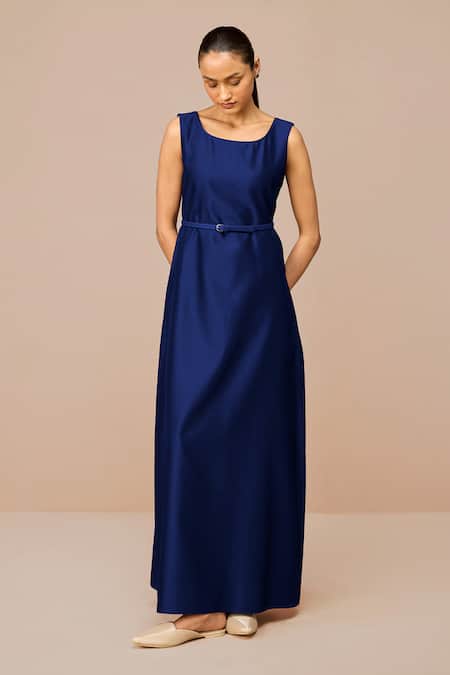 Ampm_Blue Chanderi Cut Work Open Neck Indigo Jacket Set _Online_at_Aza_Fashions