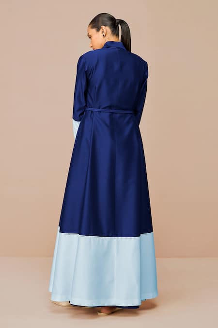 Shop_Ampm_Blue Chanderi Cut Work Open Neck Indigo Jacket Set _at_Aza_Fashions