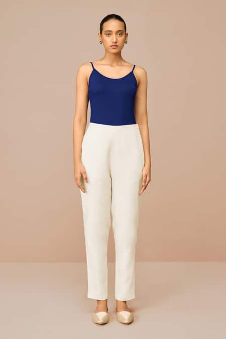 Ampm_Blue Linen, Viscose Cut Work V-, Round Wrap Top And Slim Fit Pant Set _Online_at_Aza_Fashions