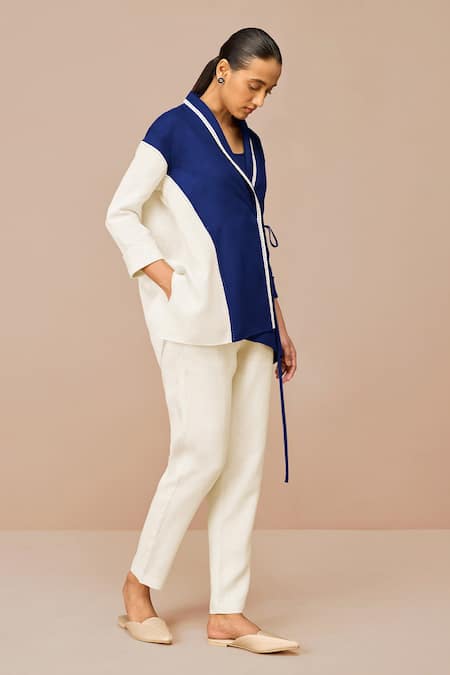 Buy_Ampm_Blue Linen, Viscose Cut Work V-, Round Wrap Top And Slim Fit Pant Set _Online_at_Aza_Fashions
