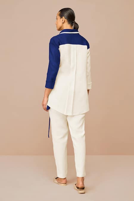 Shop_Ampm_Blue Linen, Viscose Cut Work V-, Round Wrap Top And Slim Fit Pant Set _at_Aza_Fashions