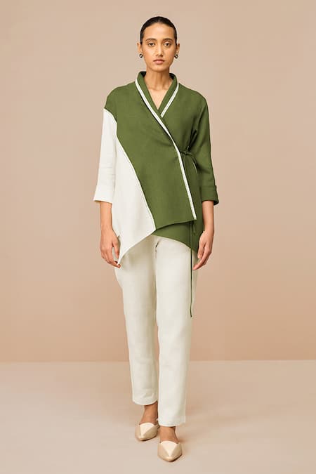 Ampm_Olive Green Linen, Viscose Cut Work V-neck, Scoop Wrap Top And Slim Fit Pant Set _Online_at_Aza_Fashions