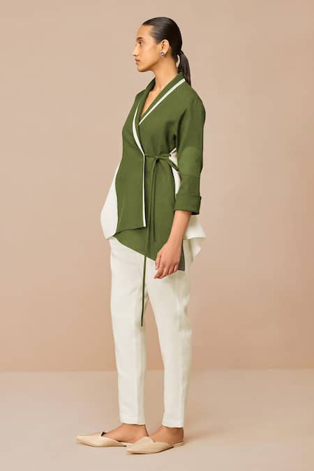 Buy_Ampm_Olive Green Linen, Viscose Cut Work V-neck, Scoop Wrap Top And Slim Fit Pant Set _Online_at_Aza_Fashions