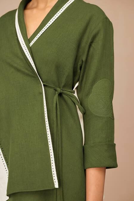 Shop_Ampm_Olive Green Linen, Viscose Cut Work V-neck, Scoop Wrap Top And Slim Fit Pant Set _Online_at_Aza_Fashions
