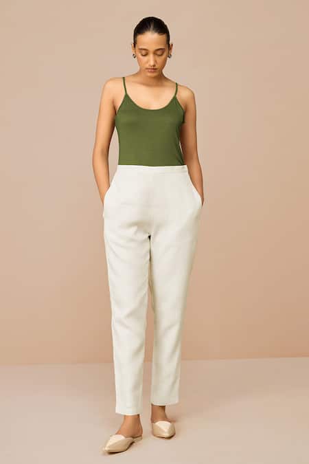 Ampm_Olive Green Linen, Viscose Cut Work V-neck, Scoop Wrap Top And Slim Fit Pant Set _at_Aza_Fashions