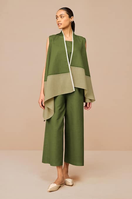 Ampm_Green Linen Cut Work Round Neck Kora Throw Set _Online_at_Aza_Fashions