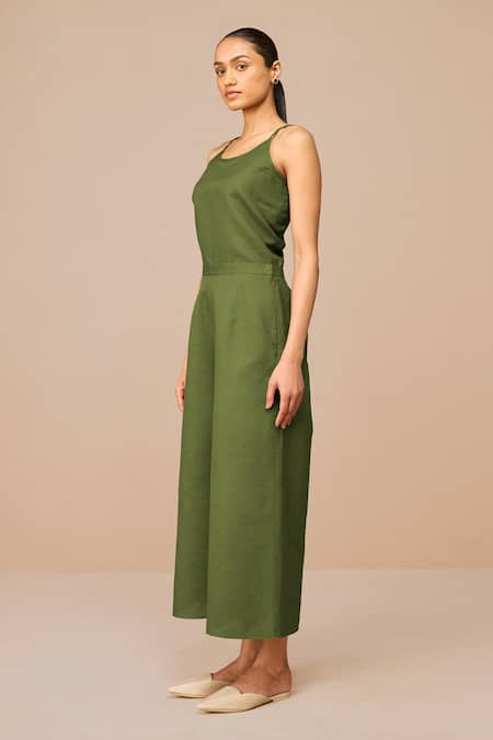 Buy_Ampm_Green Linen Cut Work Round Neck Kora Throw Set _Online_at_Aza_Fashions