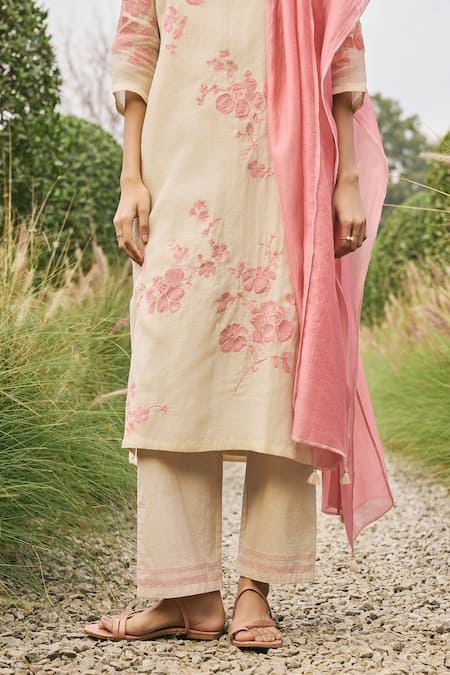 Shop_Vaayu_Beige Muslin, Cotton Embroidery Keyhole Neck And Pink Kurta Set _Online_at_Aza_Fashions