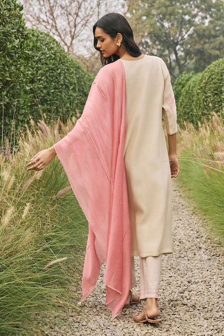 Shop_Vaayu_Beige Muslin, Cotton Embroidery Keyhole Neck And Pink Kurta Set _at_Aza_Fashions