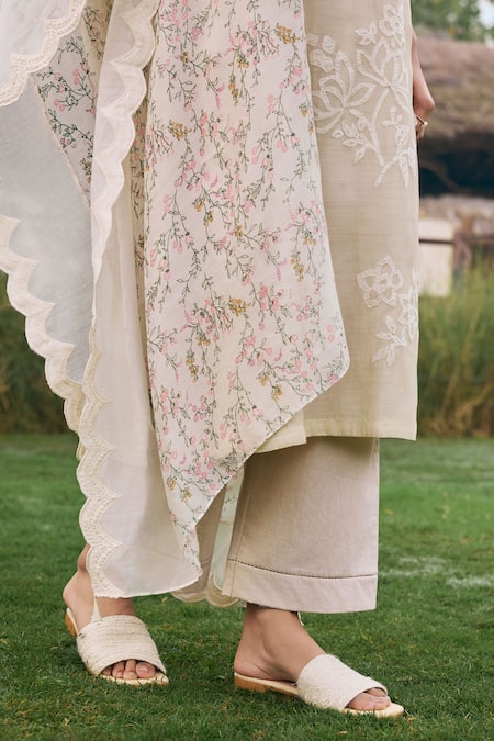 Shop_Vaayu_Beige Muslin Embroidery Round Neck Kurta Set _Online_at_Aza_Fashions