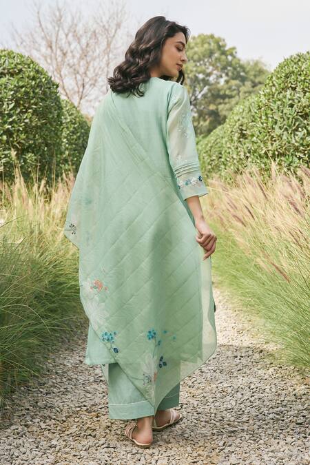 Shop_Vaayu_Green Muslin, Cotton Embroidery Round Neck Kurta Set _at_Aza_Fashions