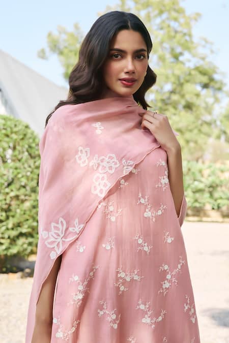 Shop_Vaayu_Pink Muslin, Cotton Embroidery Round Neck Floral Kurta Set _Online_at_Aza_Fashions