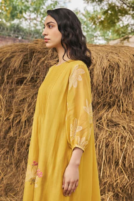 Vaayu_Yellow Muslin Embroidery Round Neck Cotton Midi Dress _Online_at_Aza_Fashions