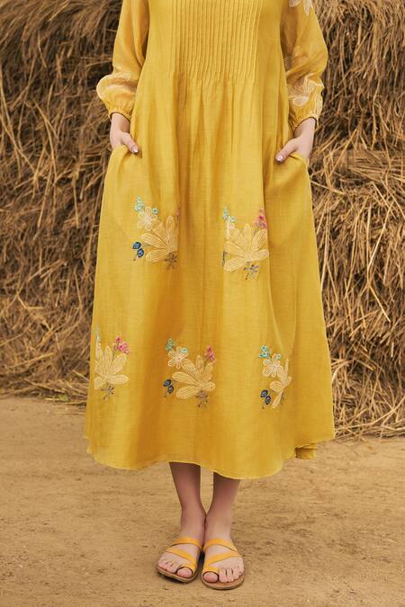 Buy_Vaayu_Yellow Muslin Embroidery Round Neck Cotton Midi Dress _Online_at_Aza_Fashions