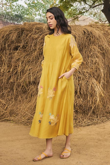 Shop_Vaayu_Yellow Muslin Embroidery Round Neck Cotton Midi Dress _Online_at_Aza_Fashions