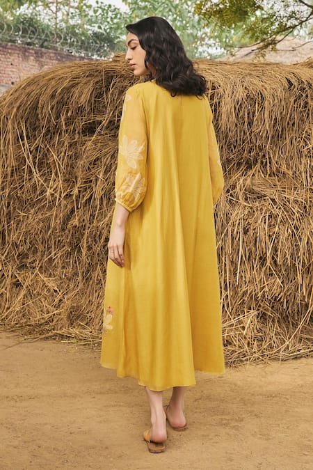 Shop_Vaayu_Yellow Muslin Embroidery Round Neck Cotton Midi Dress _at_Aza_Fashions