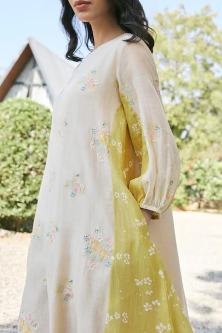 Buy_Vaayu_Beige Muslin, Cotton Embroidery Round Neck Floral Midi Dress _Online_at_Aza_Fashions