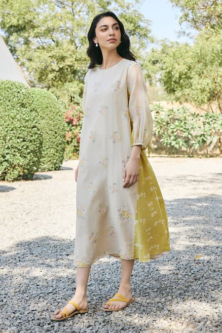 Shop_Vaayu_Beige Muslin, Cotton Embroidery Round Neck Floral Midi Dress _Online_at_Aza_Fashions