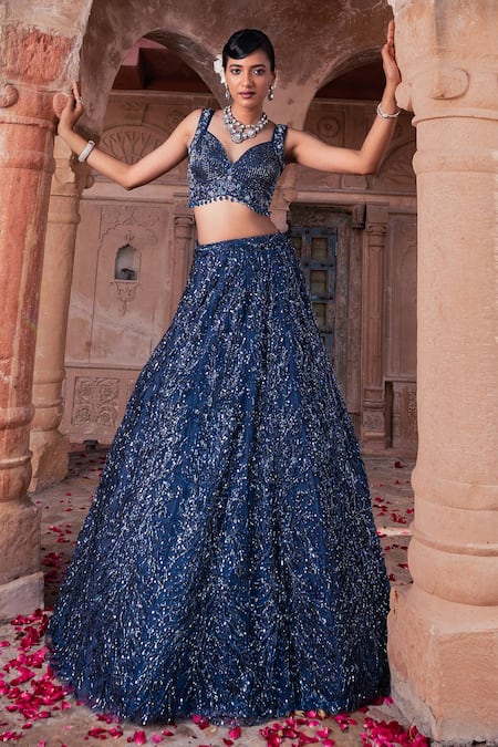 Buy_Meenagurnam_Blue Net Sequins, Embroidery, Beads V-neck Classic Lehenga Set _Online_at_Aza_Fashions