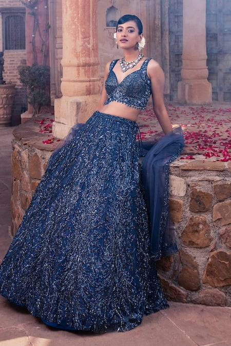 Shop_Meenagurnam_Blue Net Sequins, Embroidery, Beads V-neck Classic Lehenga Set _Online_at_Aza_Fashions
